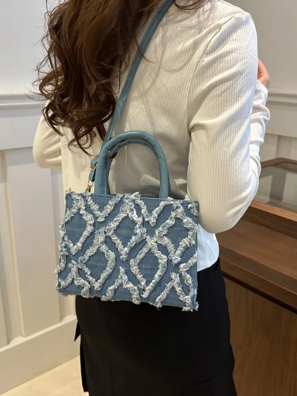 Raw Hem Denim PU Leather Handbag