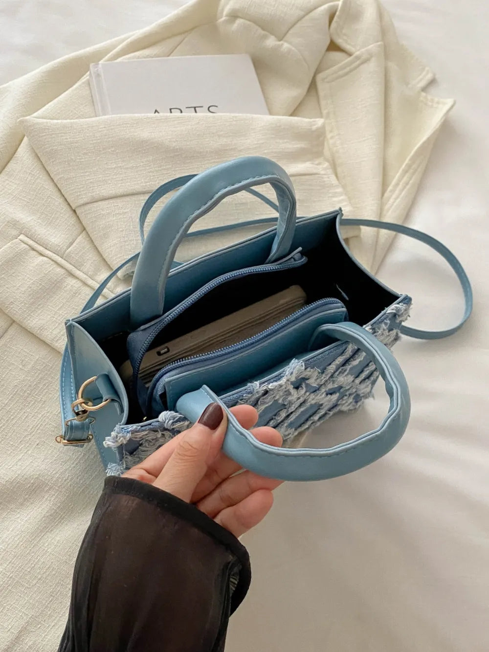 Raw Hem Denim PU Leather Handbag