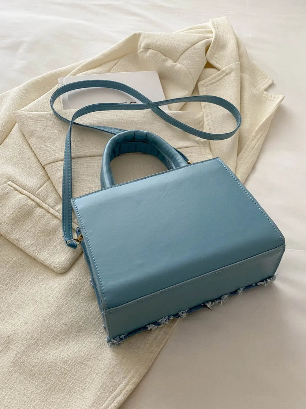 Raw Hem Denim PU Leather Handbag